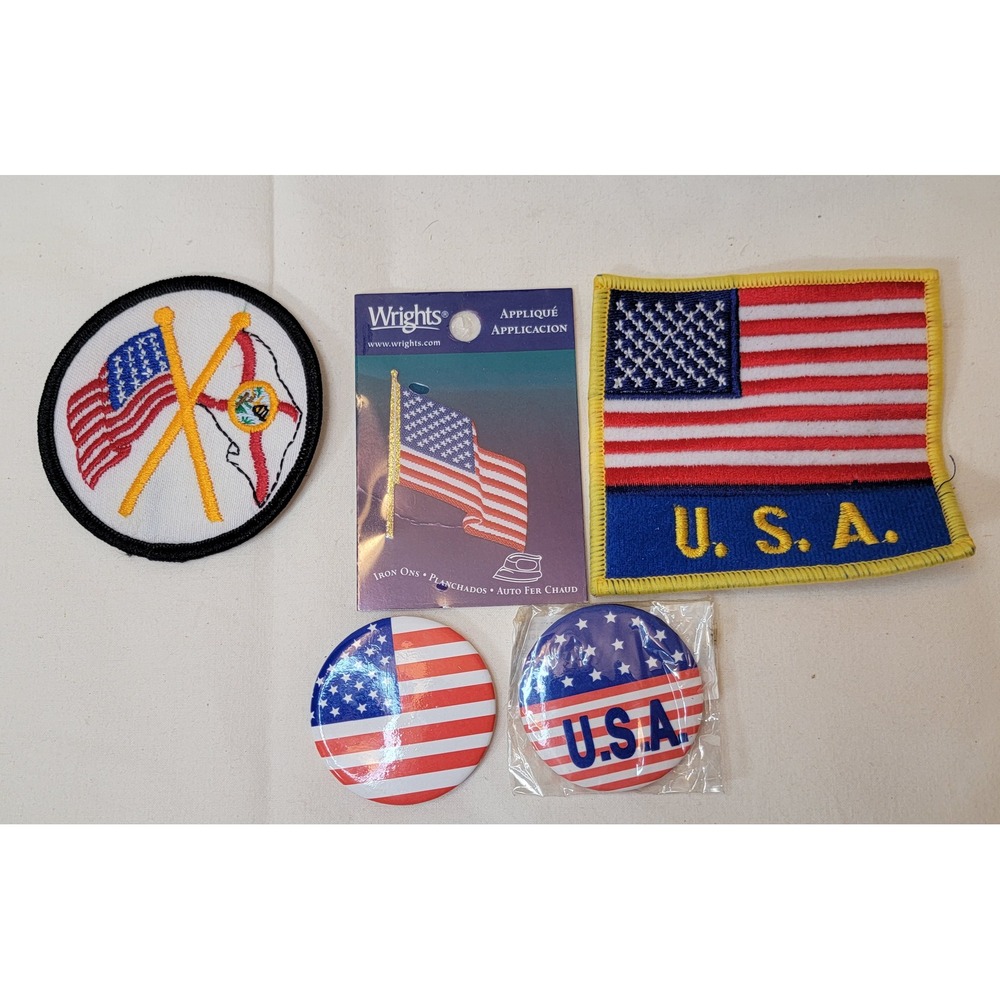 USA American Flag Patch and Button Lot Wrights Iron On Florida State Flag 5pc
